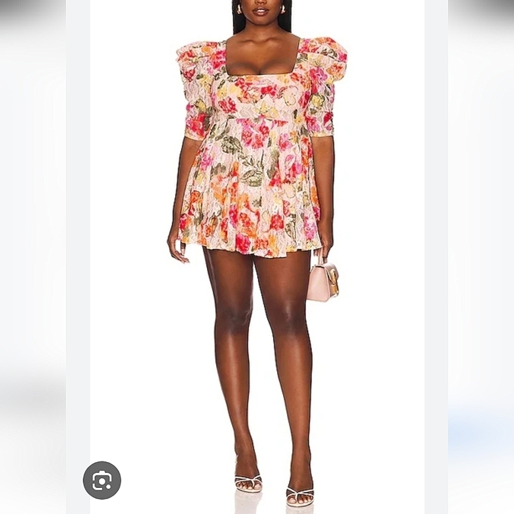 For Love & Lemons 'Dascha' Puff Sleeve Mini Dress Floral Lace-Size Medium